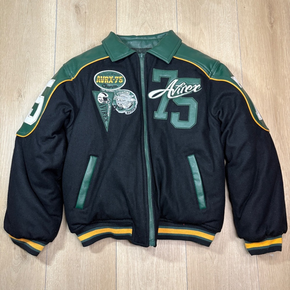 Avirex 75 Champs Varsity Jacket Mens Black Green Leather Wool Full Zip Bomber
